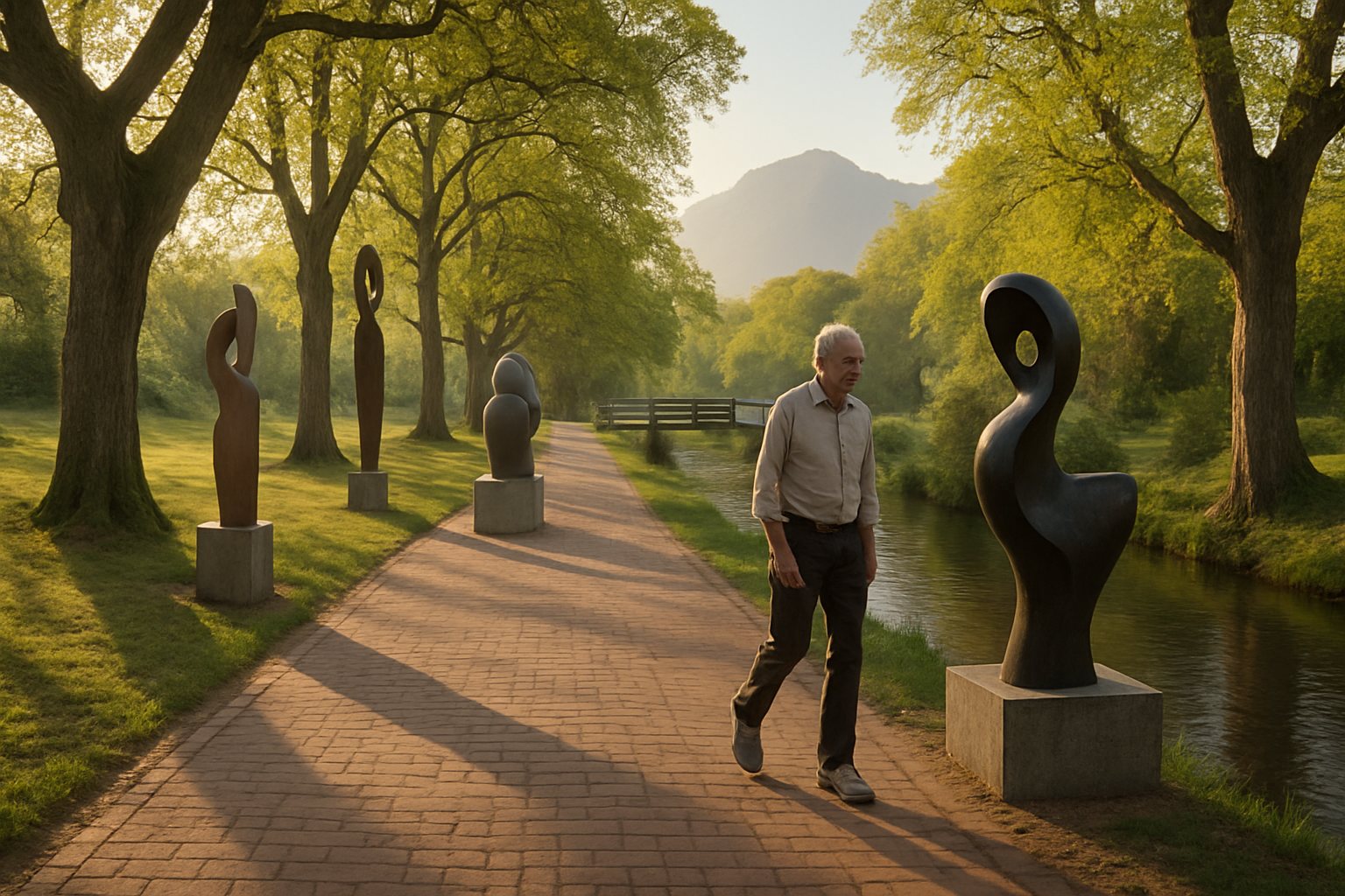 A man walking alone, slowly, along a brick
path beside a river under oak trees, past outdoor sculptures